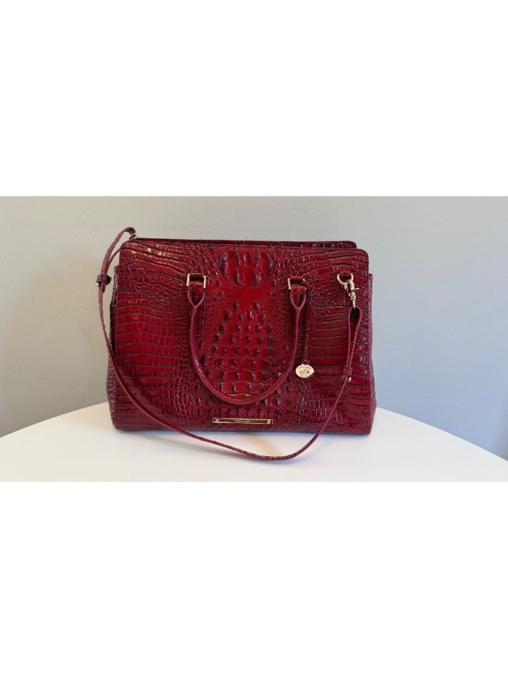 Brahmin Finley Radiant Red Carryall Croc-Embossed Leather Satchel with Strap